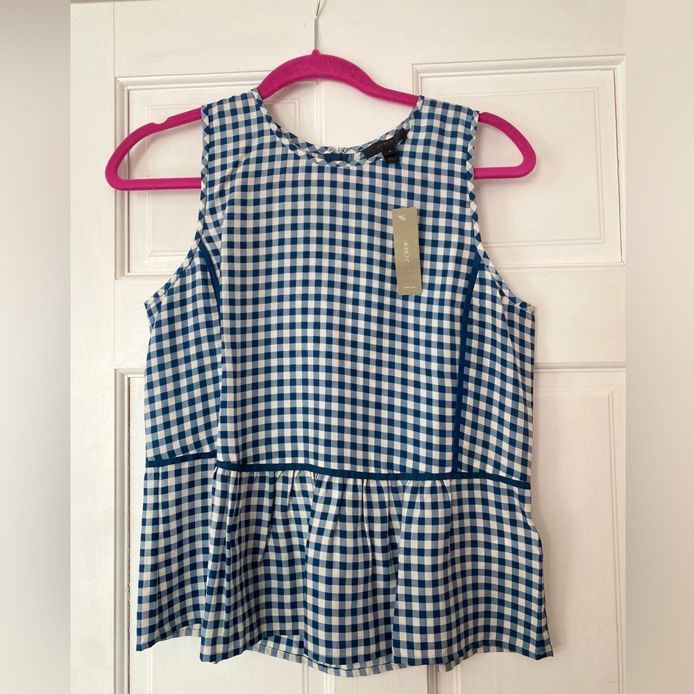 J. Crew NWT Classic Preppy 100% Silk Blue Gingham Sleeveless Peplum Top Size 4